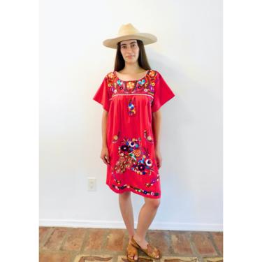 Mexican Dress // vintage sun Mexican hand embroidered floral 70s boho hippie cotton hippy red midi mini // O/S 
