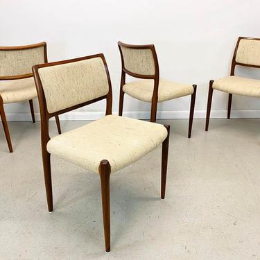 mid century Danish modern rosewood & oatmeal tweed, #80 dining chairs by Niels Moller for JL Moller 