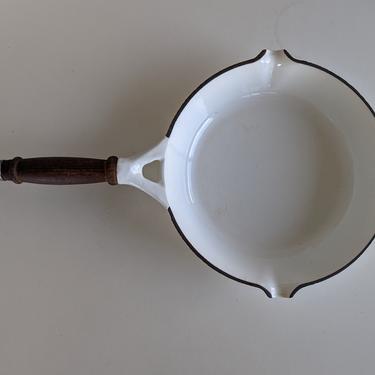 Vintage White Enamel + Teak Frying Pan Skillet by Staub Made in France 