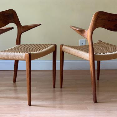 TWO Moller Model #55 Dining armChairs, in Rosewood and Danish Paper Cord, dining chairs, desk chairs, bedroom chairs 
