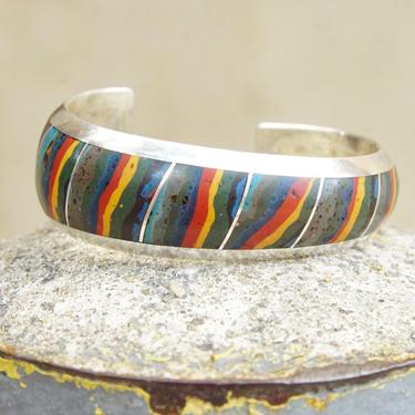 Vintage Colorful Inlay Sterling Silver Cuff Bracelet, Chunky Asymmetric Silver Cuff, Abstract Rainbow Design, Unique Bracelet, 5 1/2&quot; Long 