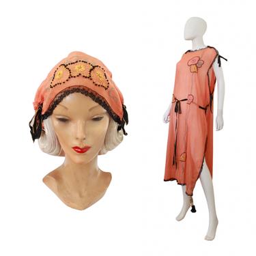 1920s Embroiderd Tunic Night Dress and Matching Cap - 1920s Tunic Dress - 1920s Embroidered Dress - 1920s Orange Dress | Size Extra Large 