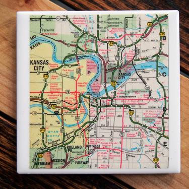 1972 Kansas City Vintage Map Coaster - Ceramic Tile - Repurposed 1970s Rand McNally Atlas - Handmade - Kansas and Missouri 