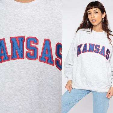 Kansas Sweatshirt University Sweatshirt 90s Football KU City Graphic College Sweater Vintage Grey Crewneck Oversized Men's Small 