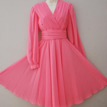 1960s-1970s Chiffon Party Dress by Jack Bryan- Pink, Coral- Size Medium, 6 