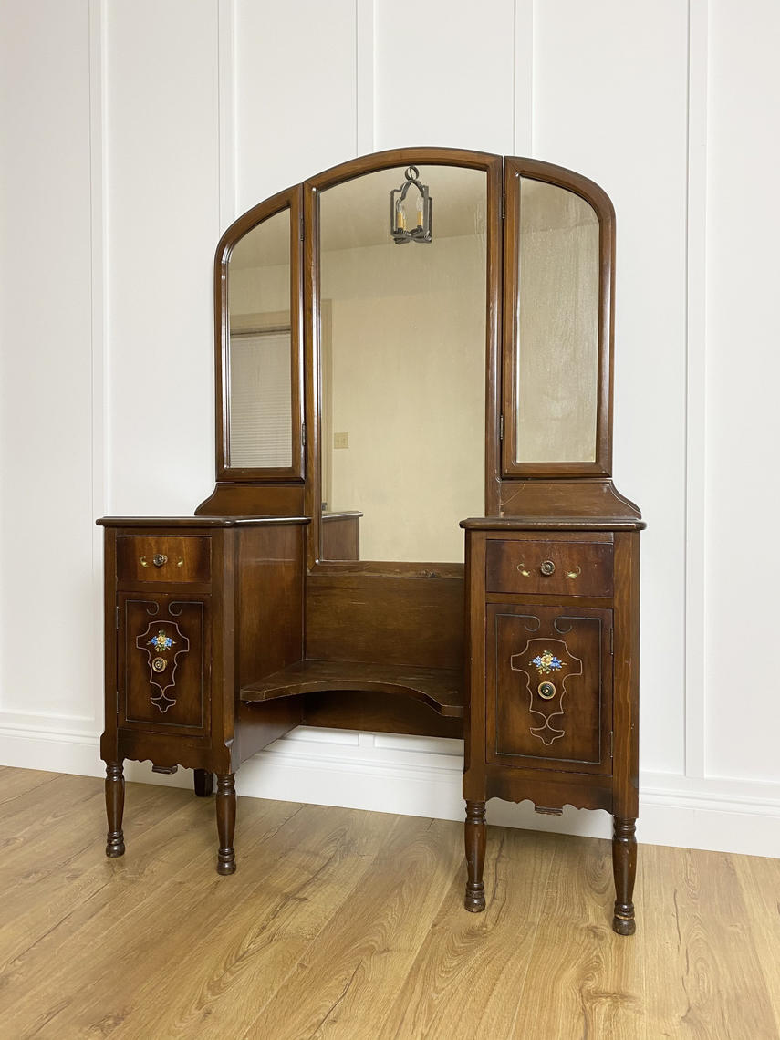 Art Deco 1900s Carved Inlay Makeup Vanity Dressing Table Tri Fold