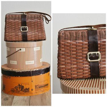 Vintage 1950's Woven Wicker Purse Handbag Lunchbox Leather Buckle Strap & Handle Made In HONG KONG 
