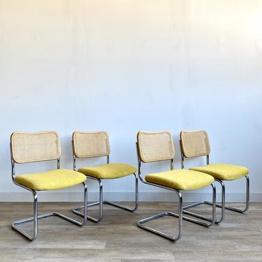 Set of Four Cane Backed Chairs with Fresh Vintage Yellow Upholstery