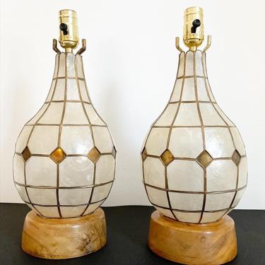 Capiz Shell on Burl Wood Lamps - a Pair 