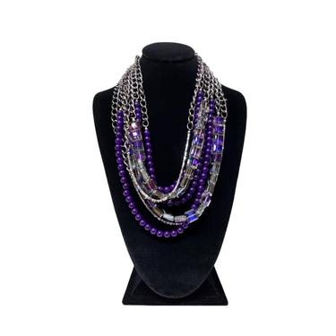 Deep Purple Jade and Irridescent Crystals Multi Strand Cowl Necklace - Silver and Purple Jewelry 