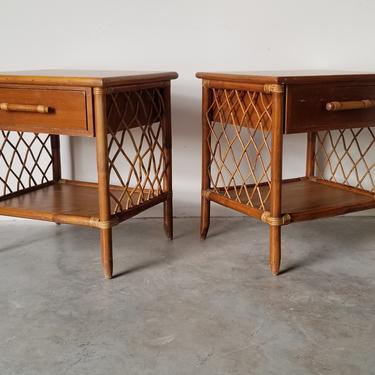 Vintage Wood and Rattan One Drawer Nightstands - a Pair 
