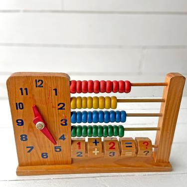 Vintage Wooden Child's Learning Toy, Abacus, Time Tell Clock, Numbers, Color Sorting | Antique Toy For Child's Room, Play Time, Perfect Gift 
