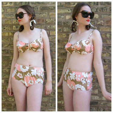 1960s Bikini / 60s Flower Bikini/Swimsuit Pink Brown Floral Cotton