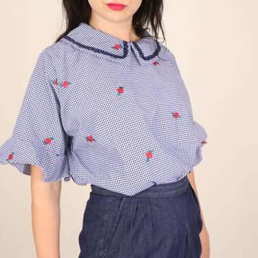Vintage Gingham Cotton Blouse/ Chelsea Collar Statement Sleeve Top/ Rose Embroidered Shirt/ Cute Lolita Blouse Ruffle Sleeves/ Size Large 