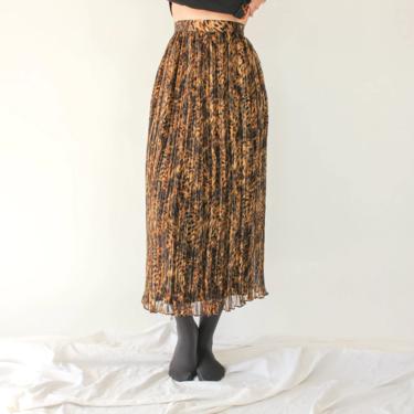 Vintage 80s 90s Leopard Print Fortuny Pleated Silk Skirt w/ Metallic Gold Pinstripe | 100% Silk | 1980s 1990s Animal Print Boho Silk Skirt 