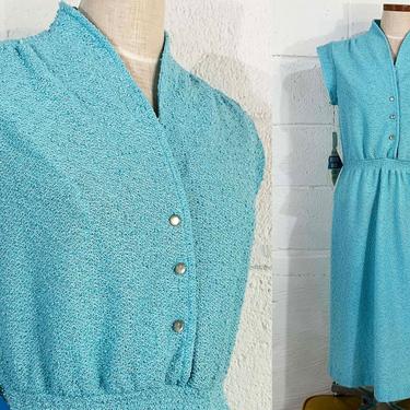 Vintage Textured Sky Blue Dress Cap Sleeve Boho Festival Party Cocktail A-Line Mod Nubby Terrycloth Button Front 1970s 70s Large 