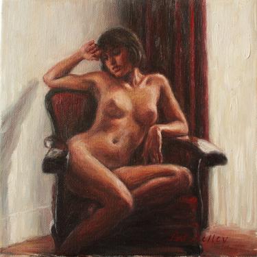 Nude in a Red Chair. Original Oil Painting by Pat Kelley. Vintage Style. Female Figurative Art. Romantic, Nostalgic 