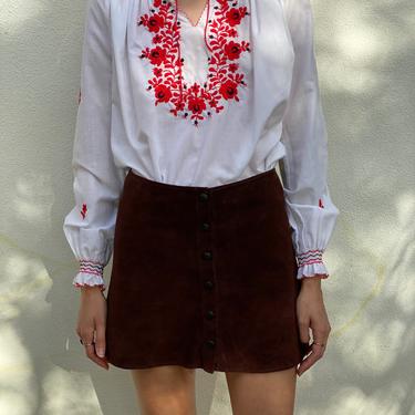 1970's Penny Lane Blouse / Red and Black Threading / Semi Sheer Hippie Blouse / Embroidered Cotton Peasant Blouse 