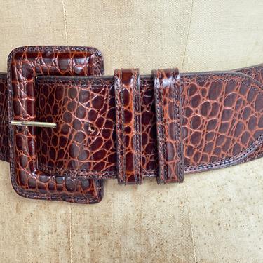 27.5-31.5" Waist Belt / Wide Vintage Leather Belt / Statement Belt / Reptile Snakeskin Embossed Leather Belt / Super Wide Belt 