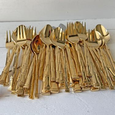 Vintage 42 Piece Gold Bamboo Korea Stainless Flatware, 8 Piece Set, Party Of 8 // Boho, Chic, Bamboo Silverware Set // Perfect Gift 