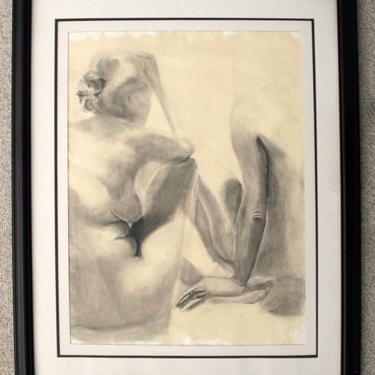 Contemporary Modern Framed Charcoal Drawing Signed Drewe Nude Figure Drawing 