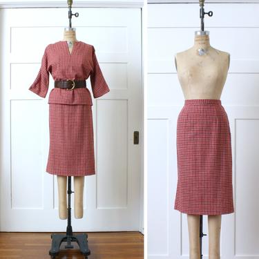 vintage 1950s 60s wool dress set • red &amp; gray plaid tunic top and pencil skirt set • casual 1950s vintage 