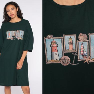 Nautical Tshirt Dress -- 90s Lighthouse Sailboat Dress 1990s Graphic Sailor Tshirt Dress Beach Cover Up Screen Print Medium Large xl 2xl 