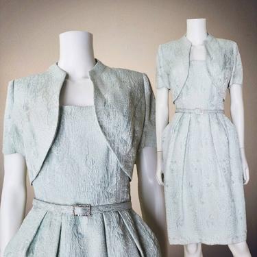Vintage Brocade Cocktail Dress, Medium / 1960s Style Party Dress / Pale Blue Dress &amp; Dinner Jacket Set / Short Mod Madmen Style Wiggle Dress 
