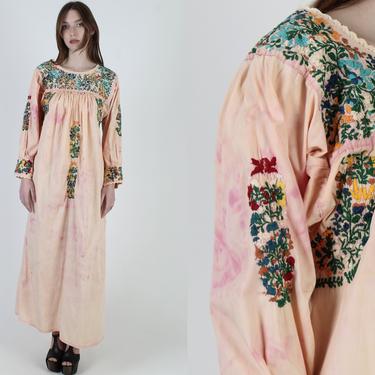 Long Sleeve Oaxacan Dress, Tie Dye Cotton Mexican Dress, Vintage 70s Womens Hand Embroidered Maxi Dress, Dia De Los Muertos Style Long Dress 