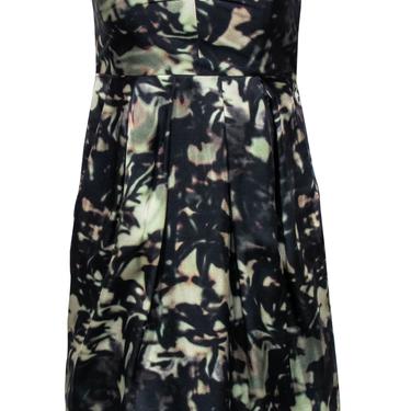 Theory - Green &amp; Black Abstract Printed Satin Strapless Dress Sz 4