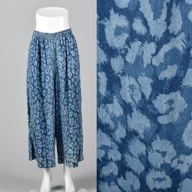 Small Blue Abstract Print Palazzo Pants Lightweight Elastic Waistband Wide Legs Vintage 1980s 