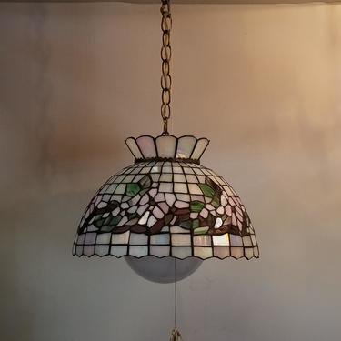 Vintage Single Bulb Stained Glass Pendant Light with Pull Chain and Glass Globe