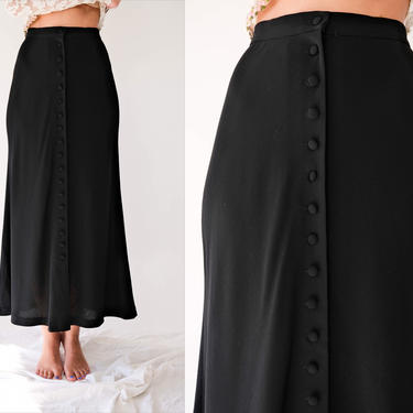 Vintage 90s Donna Karan DKNY Black Wool Gabardine High Waisted Swing Skirt w/ Button Front | 100% Wool | 1990s DKNY Designer Midi Skirt 