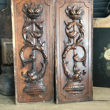 French Architectural Wood Door Panels, Set of 2, Mythological, Cabinet Doors, Wall Mount, Wall Art 