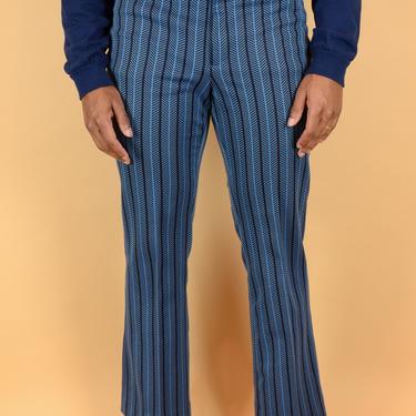 Vintage 70s Blue Striped Bell Bottom Trousers Pants Blue 32x30 