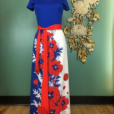 1970s maxi dress, Alfred shaheen, vintage 70s dress, red white and blue, poppy print, size medium, 4th of July, mod, screen print floral, 28 