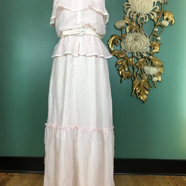 1970s maxi dress, prairie style, vintage 70s dress, cottagecore, pale pink cheesecloth, trivia dress, ditsy floral, peplum dress, bohemian 