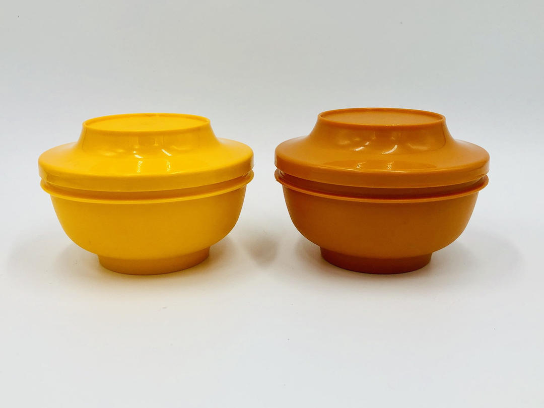 2 Vintage Tupperware Model Number 1436 in Brown and Yellow Made in