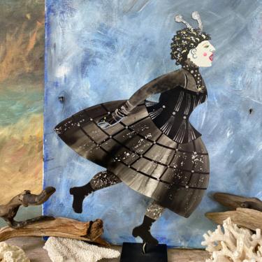 Vintage Metal Woman Sculpture, Black Halloween Costume, Free Spirit Arty By Judie Bomberger, 1999 Signed By Artist, Victorian Goth Dress 