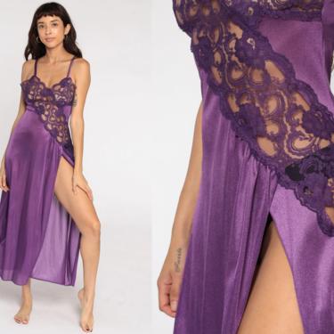 Sheer Nightgown Lingerie Purple LACE Slip Dress 80s Maxi HIGH SLIT Sexy Vintage Deep V Neck Spaghetti Strap Fredericks of Hollywood Small 