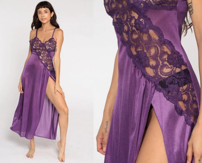 Sheer Nightgown Lingerie Purple Lace Slip Dress 80s Maxi High Shop