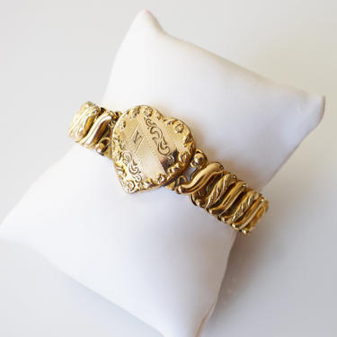 Antique Sweetheart Expansion Bracelet | C. 1910s-1920s Gold Tone DFB Co. Carmen Heart Bracelet with initial &amp;quot;V&amp;quot; 