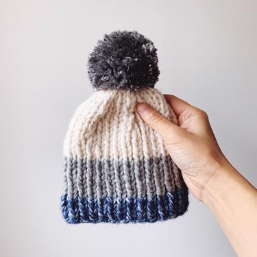 Little Minnows Hand Knit Baby Beanie Hat // Off White, Gray, and Blue with Gray Pompom 