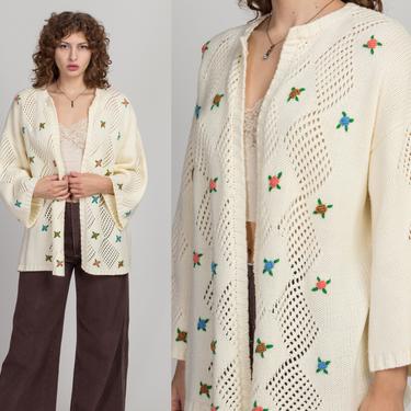 70s LeRoy Floral Knit Cardigan - One Size | Vintage Off-White Open Fit Diamond Eyelet Embroidered Flower Sweater 
