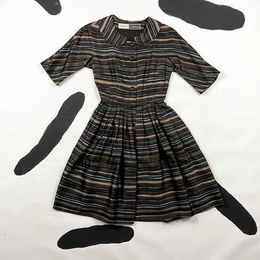 50s Bud Kilpatrick Striped Shirt Dress / Fit and Flare / Full Skirt / Shirtwaist / New Look / Pin Up / Mad Men / Small / I. Magnin / 1950s 