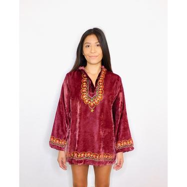 Indian Velvet Tunic // vintage 70s embroidered dress blouse boho hippie hippy 1970s woven cotton dress // S/M 