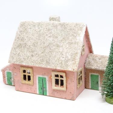 Vintage German Christmas House & Tree, Hand Made, Hand Painted Wood for Nativity Putz or Creche 