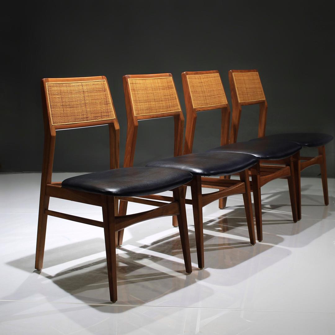 Mid Century Modern Walnut Cane Dining Chairs Set of 4 by ReVision