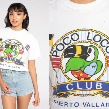 90s Poco Loco Shirt Puerto Vallarta Tshirt Mexico Parrot Crop Top Surfer Shirt Vintage Graphic T Shirt Surf White 1990s Small Medium 