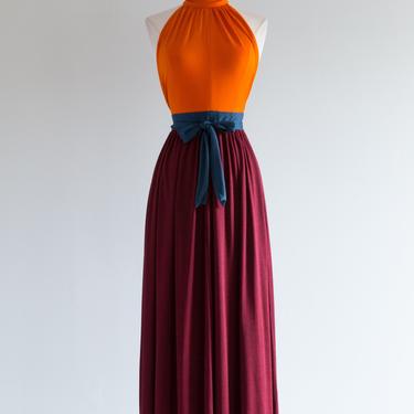 1970's SATSUMA Color Blocked Evening Gown By Pappagallo / Small